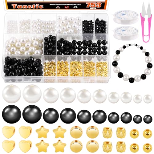 Tanstic 753Pcs Pearl Beads Kit, 4mm 6mm 8mm 10mm 12mm White Black Round Pearl Beads with Gold Spacer Beads, Pearl Beads for Jewelry Making DIY Pearls Bracelet Kit for Kids Adults von Tanstic