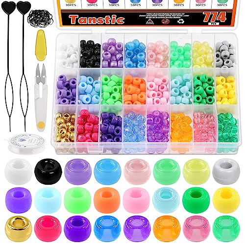 Tanstic 774Pccs Plastic Pony Beads Kit, 24 Colors 4 Styles Hair Beads Rainbow Kandi Beads with Hair Beader, Rubber Bands, Crystal String and Scissor for Hair Braids, Bracelet Jewelry Making von Tanstic