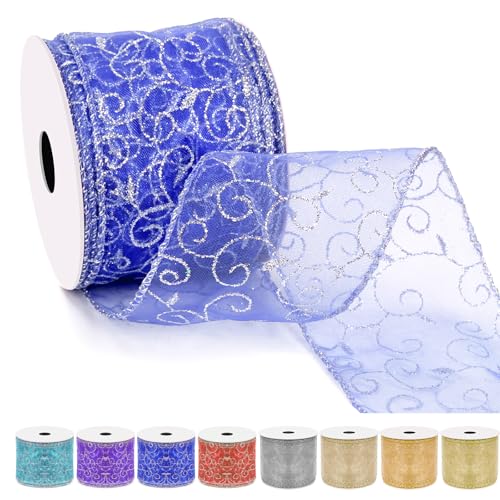 Tanstic 2.5 Zoll x 10 Yards Blue Swirl Glitter Wired Ribbon Organza Sheer Band mit Glitter Swirl Muster und Metallic Rand für Baum Dekoration Geschenkverpackung von Tanstic