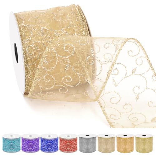 Tanstic 2.5 Zoll x 10 Yards Champagner Swirl Glitter Wired Band Organza Sheer Band mit Glitter Swirl Muster und Metallic Rand für Baum Dekoration Geschenkverpackung von Tanstic