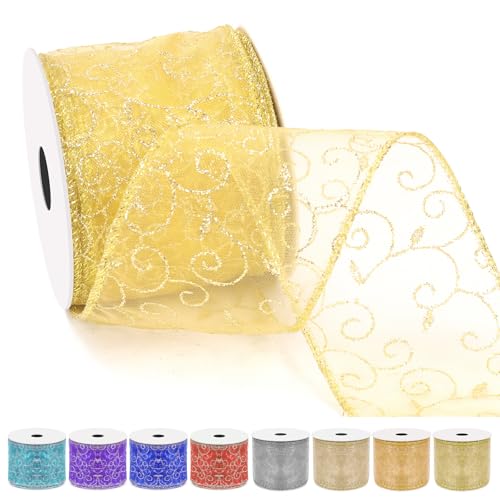 Tanstic 2.5 Zoll x 10 Yards Gold Swirl Glitter Wired Band Organza Sheer Band mit Glitter Swirl Muster und Metallic Rand für Baum Dekoration Geschenkverpackung von Tanstic