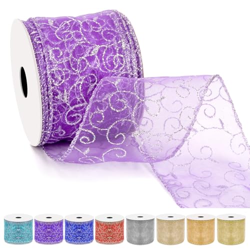 Tanstic 2.5 Zoll x 10 Yards Lila Swirl Glitter Wired Band Organza Sheer Band mit Glitter Swirl Muster und Metallic Rand für Baum Dekoration Geschenkverpackung von Tanstic