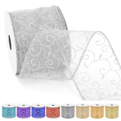 Tanstic 2.5 Zoll x 10 Yards Silber Swirl Glitter Wired Band Organza Sheer Band mit Glitter Swirl Muster und Metallic Rand für Baum Dekoration Geschenkverpackung von Tanstic