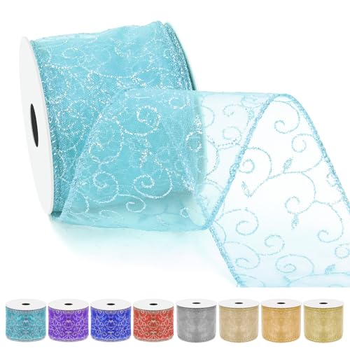 Tanstic 2.5 Zoll x 10 Yards Türkis Swirl Glitter Drahtband Organza Transparent Band mit Glitter Swirl Muster und Metallic Rand für Baum Dekoration Geschenkverpackung von Tanstic