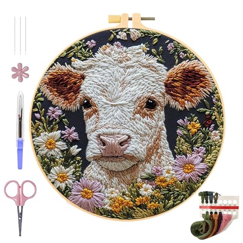 Tanxemery Stickerei Kreuzstich Set, Handmade Embroidery StarterKit, Cow Und Daisy Flower Anfänger Stickerei Set, Stick StarterKit Mit Stickrahmen, Stickgarn, Nadel Für Anfänger Erwachsene von Tanxemery