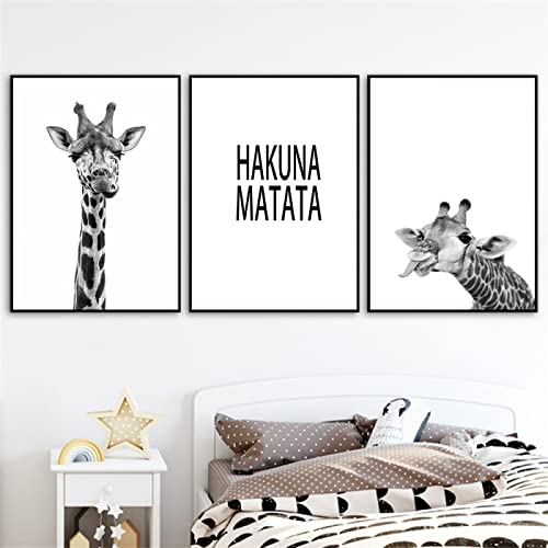 Schwarz-Weiß-Giraffen-Leinwand-Malerei, Poster Und Drucke, Kinderzimmer, Wandkunst, Hakuna Matata, 3-Teilig, Nordische Bilder, Baby-Kinderzimmer-Dekor 30Cmx40Cm Kein Rahmen von Tanyang