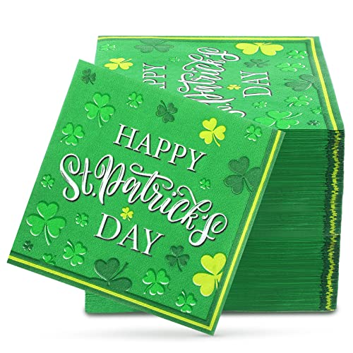 100 Stück St. Patrick's Day Servietten 25,4 cm grüne Kleeblätter Abendessen Papierservietten Einweg Irish Holiday Servietten Getränke Cocktail Dekorative Papierservietten für Saint Patrick's Party (klassisch) von TaoBary