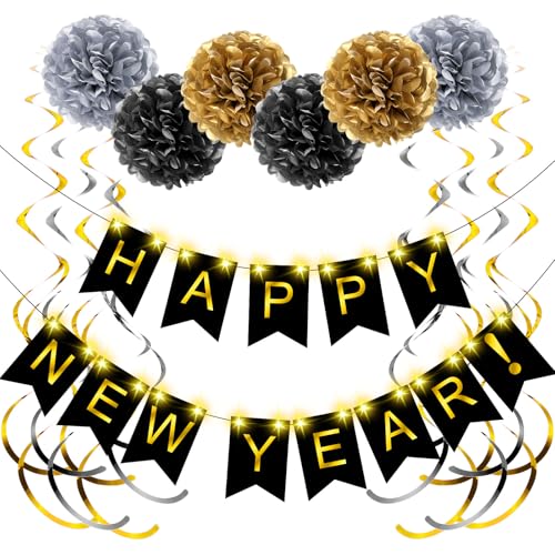 TaoBary 15 Stück Silvester Party Supplies für 2025 Happy New Year Dekorationen Schwarz Gold Neujahr Banner Swirl Streamer Pom Poms Glow Lights Silvester Dekorationen Batterien nicht im Lieferumfang von TaoBary