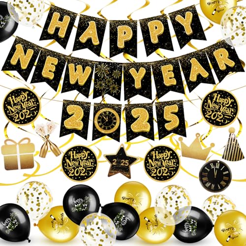 TaoBary 2025 Silvester Party Dekoration Supplies Happy New Year Banner Gold und Schwarz Neujahr Hängende Wirbel Luftballons Kuchen Topper für 2025 Silvester Party Booth Requisiten von TaoBary