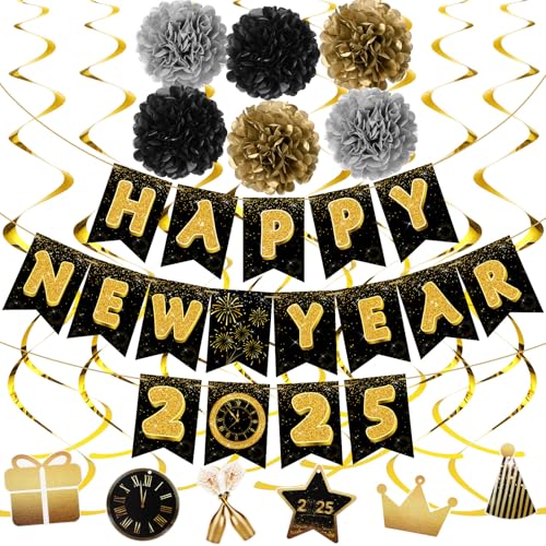 TaoBary Happy New Year 2025 Banner Gold Schwarz Papier Blumen Flagge Wimpelkette Swirl Luftschlangen Silvester Party Supplies Happy New Year Dekorationen von TaoBary