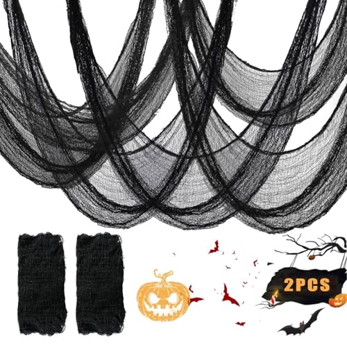 2 Stück Halloween Deko Stoff, 800 x 76 cm Halloween Gruselige Tuch, Gruseliges Käsetuch, Schwarze Gruselige Stoffe, Horror Tüll Schwarz Stoff Deko für Garten, Halloween Party Deko von TaoLiMuTX