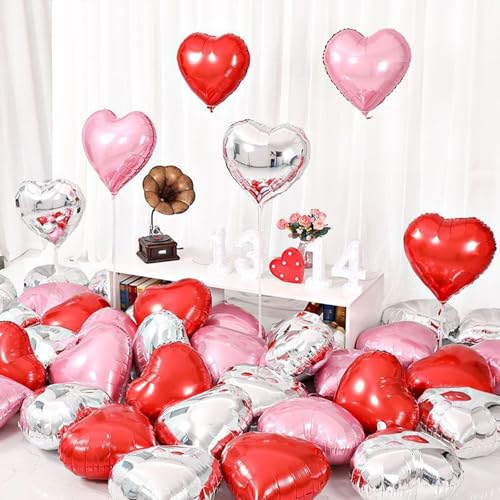 TaoQ C 36 Stück Herz-Form-Folien-Ballone, 46 cm Rot & Rosa & Silber Herz Folien Ballone Mylar Herz geformte Ballone Herz Ballone Aluminiumfolie Ballone für Valentinstag Geburtstag Verlobung Hochzeit von TaoQ C