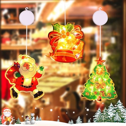 Taozoey 3 Stück Weihnachtsbeleuchtung, LED Saugnapf Weihnachten Lichter, Fensterdeko Weihnachten, Lichterkette Innen Fenster, Weihnachtsdeko (Bunt) von Taozoey