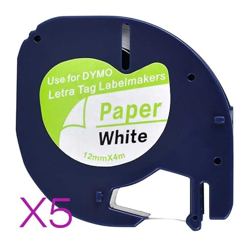 Etikettenband, kompatibel mit Dymo LetraTag White Paper Refill 91330 10697, 12 mm x 4 m, Schwarz auf weißem Etikett(5) von TapeTek