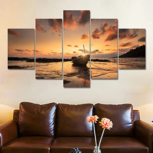 Targawerelax Kunstdruck Leinwand Malerei Home Dekoration Wandkunst Bilder 5 Panel Schiff Boot Sonnenuntergang Seascape Malerei Zimmer Gedruckt Poster 150x80cm von Targawerelax