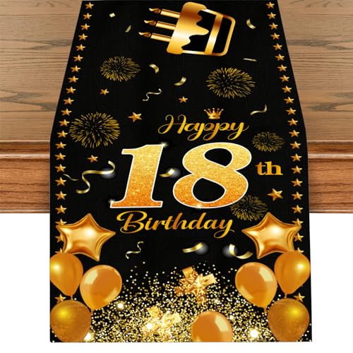 18.Geburtstag Tischläufer, Schwarz Gold Alles Gute zum Geburtstag 18. Tischband, Happy 18th Birthday Tischdecke Tisch Deko für Mädchen Jungen 18 Geburtstag Jahrestag Party Dekoration 180 x 35cm von Tarklanda