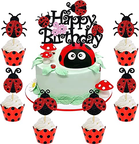 25 Stück Marienkäfer Happy Birthday Kuchendekorationen Marienkäfer Kuchendekoration Schwarz Rot Glitzer Lady Cupcake Topper für Marienkäfer Garten Mottoparty Babyparty Zubehör Geburtstagsdekorationen von Tarklanda