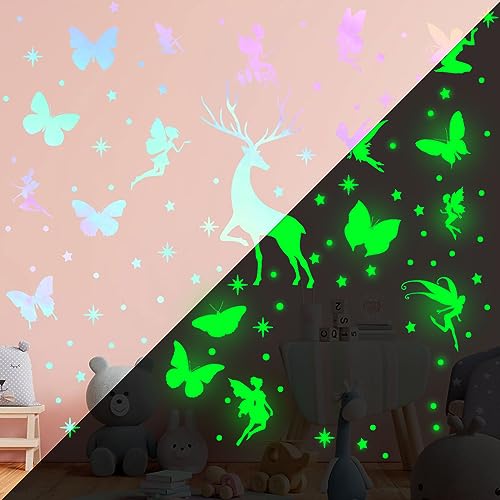 Leuchtsterne Wandtattoo Kleine Fee Schmetterling Reh Sternen Leuchtsticker Wandsticker Feen Kinderzimmer Leuchtaufkleber Selbstklebend Fluoreszierend Aufkleber Wanddeko für Mädchen Geschenke von Tarklanda