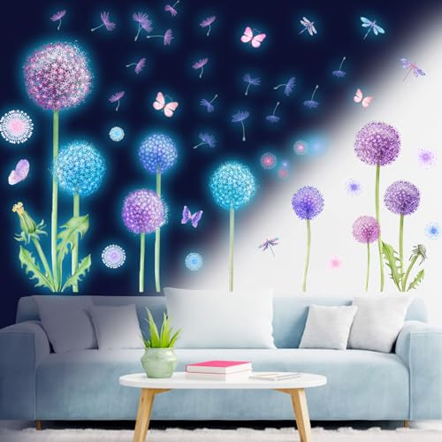 Wandtattoo Löwenzahn Leuchtsterne Leuchtaufkleber Pusteblume Schmetterling Pflanzen Blumen Bunt Leuchtsticker Wandsticker Leuchtend Wandaufkleber für Kinderzimmer Schlafzimmer Wanddeko Blau von Tarklanda