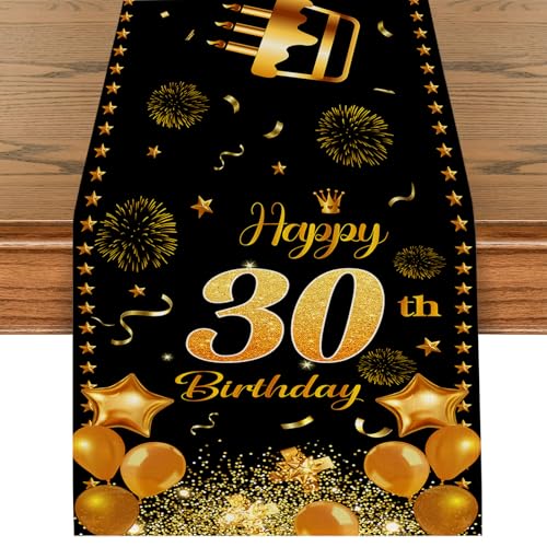 Tischläufer 30 Geburtstag Schwarz Gold Happy 30th Birthday Tischband zum 30. Geburtstag Mann und Frau Ihr Geburtstag Jahrestag Feier Party Dinner Tischdeko Tischdecke Deko für Zuhause 180x35cm von Tarklanda