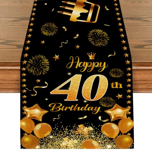 Tischläufer 40 Geburtstag Schwarz Gold Happy 40th Birthday Tischband zum 40. Geburtstag Mann und Frau Ihr Geburtstag Jahrestag Feier Party Dinner Tischdeko Tischdecke Deko für Zuhause 180x35cm von Tarklanda