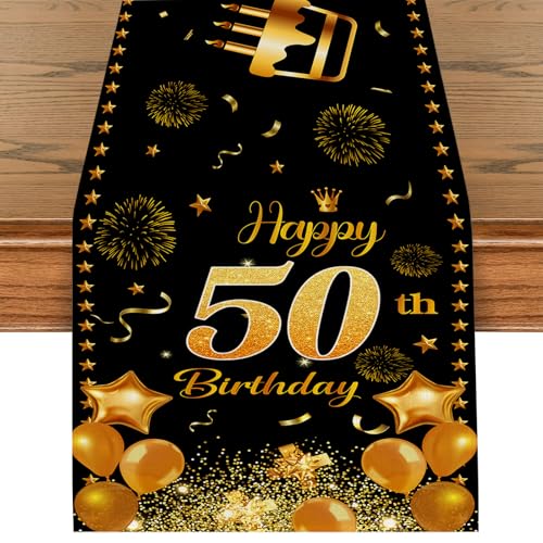 Tischläufer 50 Geburtstag Schwarz Gold Happy 50th Birthday Tischband zum 50. Geburtstag Mann und Frau Ihr Geburtstag Jahrestag Feier Party Dinner Tischdeko Tischdecke Deko für Zuhause 180x35cm von Tarklanda