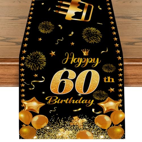 Tischläufer 60 Geburtstag Schwarz Gold Happy 60th Birthday Tischband zum 60. Geburtstag Mann und Frau Ihr Geburtstag Jahrestag Feier Party Dinner Tischdeko Tischdecke Deko für Zuhause 180x35cm von Tarklanda