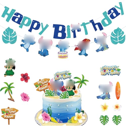 14 Stück Stitch Kuchen Deko,Deko Geburtstag Männer Mädchen Cartoons Kuchen Topper Set mit Happy Birthday Banner Stitck Geburtstagsdeko für Birthday Party Dekoration Blue Cake Toppers von Tashce