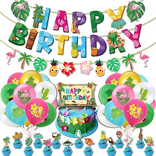 43 Stück Hawaii Party Deko, Happy Birthday Banner Dekoration, Beach Hawaii ballons mit Banner, Hawaii Dekoration Set, Hawaii Cake Topper fürTropischen Garten Strand Geburtstags Party Dekoration von Tashce