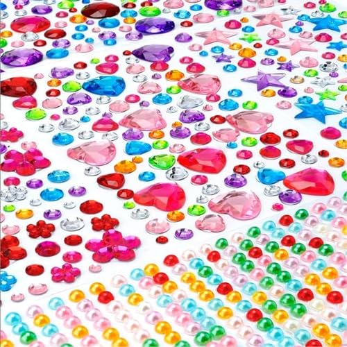 Glitzersteine Selbstklebend, 1220 Stück Sticker Glitzer Strasssteine Selbstklebend, Acryl Bunt Selbstklebende Schmucksteine, Verschiedene Formen Schmucksteine Aufkleber für Kinder Handwerke, 7 Blätter von Tashce