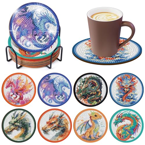 Taskicraft Drachen Diamond Painting Untersetzer - 8 Stück Diamond Painting Anhänger Bastelset DIY Drachen Diamond Painting Untersetzer Mit Ständer Und Korkunterlage Für Anfänger Erwachsene Und Kinder von Taskicraft