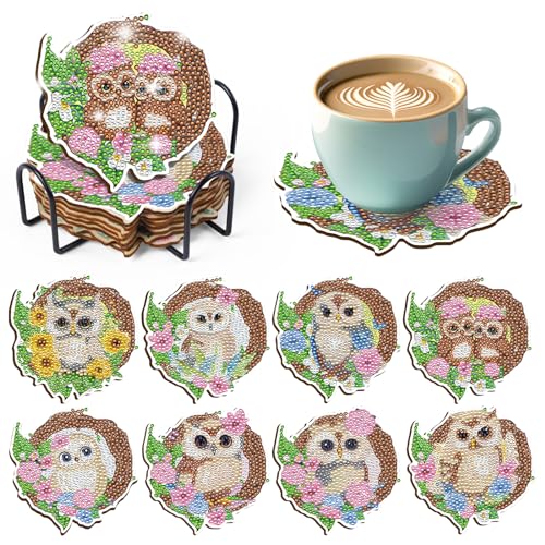 Taskicraft Eule Diamond Painting Untersetzer - 8 Stück Diamond Painting Anhänger Bastelset 5D Diamond Painting Kinder Diamond Painting Mit Ständer Und Korkunterlage Eule Diamant Tassenuntersetzer von Taskicraft