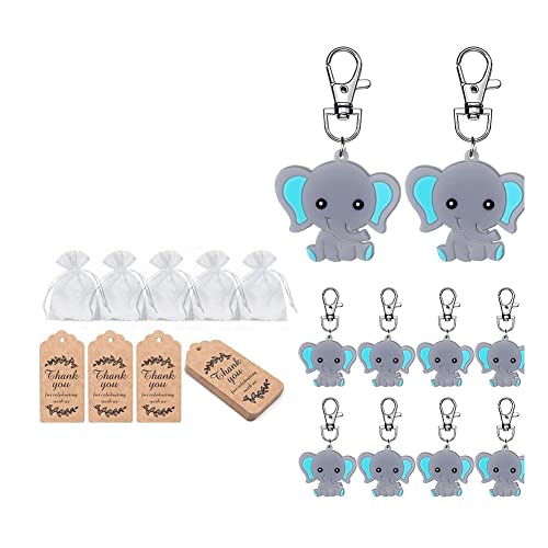 Tassety 20 Stück Babyparty-Geschenke für Gäste, blaue Baby-Elefanten-Schlüsselanhänger, Organza-Beutel, Kraftanhänger, Elefanten-Mottoparty von Tassety