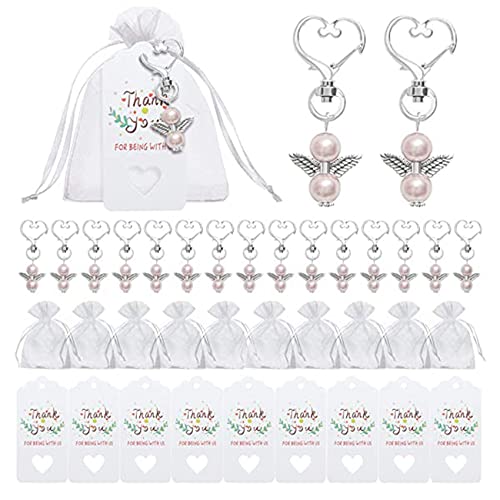 Tassety 40 Sets Perlenengel mit Herz-Form-Schlüsselanhänger, Hochzeitsgeschenk-Set, inklusive Engel-Perlen-Schlüsselanhänger, Organza-Geschenkbeutel A von Tassety