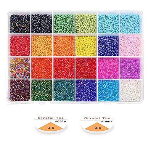 Tassety Glasperlen, Rocailles, 2 mm, 24 Farben, kleine Bastelperlen, mit 2 Rollen elastischen Schnur, für DIY-Schmuckherstellung, 14400 Stück von Tassety