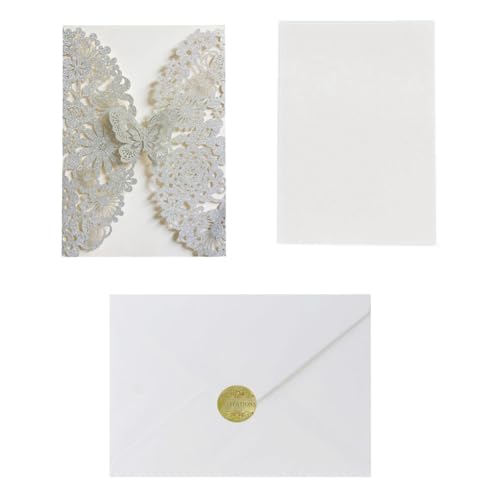 Tassety Hochzeitseinladungskarten mit Schmetterlingen, Spitze, Hochzeitseinladungen, Papier, Quinceanera-Karte mit Umschlägen, silberfarben, 20 Stück von Tassety