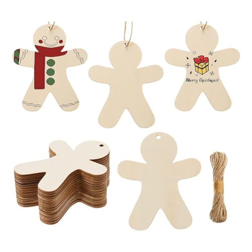 Tassety Lebkuchenmann-Ornamente aus unlackiertem Holz, blanko, Lebkuchenmann, hängende Dekoration mit Bindfaden, langlebig, einfach zu installieren, einfach zu bedienen, 50 Stück von Tassety