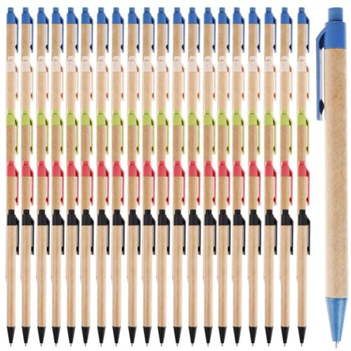 Tassety Umweltfreundliche Kugelschreiber, recycelt, mittlere Spitze (1 mm), einziehbarer Tintenroller für Büro, Schule, langlebig, einfach zu bedienen, mehrfarbig, 100 Stück von Tassety