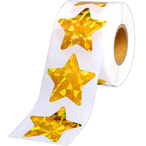 3,8 cm große, holografische goldene Stern-Aufkleber, 500 Stück, glänzend, glitzernd, pro Rolle, Belohnungsfolien-Etiketten für Zuhause, Schule, Bar, DIY und Büro-Dekoration (Glitzer-Gold) von Tateaine