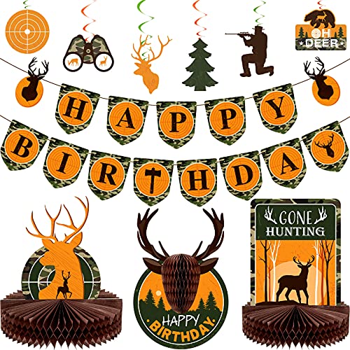 16 Stücke Hunting Birthday Party Dekorationen Kit Jagd Geburtstag Banner Gone Hunting Bienenwabe Tisch Dekoration Bunte Strudel Hängende Karten Grüner Baum Oh Deer Bär Karten von Tatuo