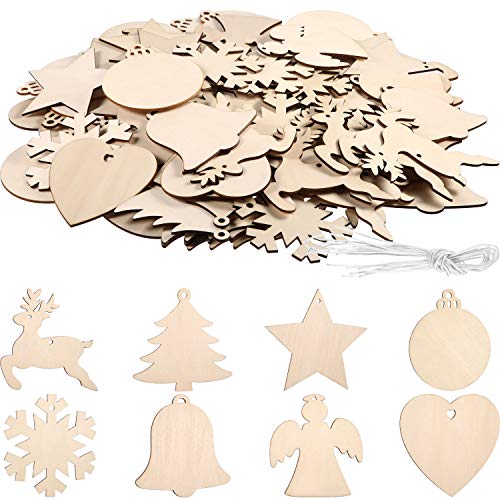 96 Stück Unfinished Holzschmuck Weihnachten Holzschmuck Hängende Verzierungen Handwerk für DIY, Weihnachten Hängende Dekoration mit Schönen Formen (Weiß Multi-Form) von Tatuo