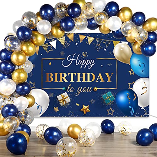 Marineblau und Gold Blau und Gold Geburtstag Konfetti Luftballons Kit Set 50 Stücke und Blau Gold Geburtstag Fotografie Hintergrund Banner Paket für Männer Frauen Geburtstag von Tatuo