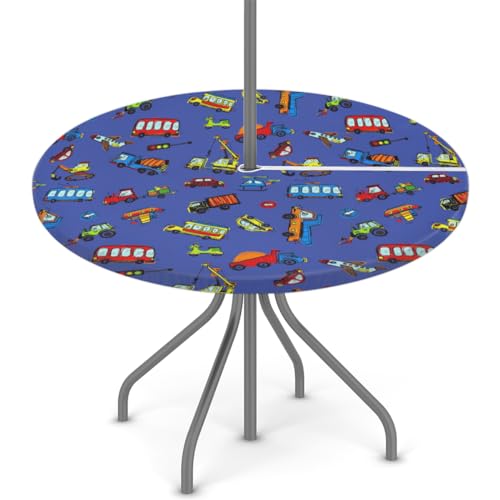 Runde Tischdecke mit niedlichem Cartoon-Cars-Motiv, mit Regenschirmloch, Reißverschluss, abwischbar, elastisch, wasserdicht, passend für runde Tische von 91,4 - 111,8 cm, für Terrasse, Picknick, von Tavisto
