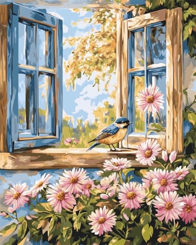 DIY Malen-Nach-Zahlen（Diy-Rahmen）Gänseblümchen Und Vogel Am Fenster Malen-Nach-Zahlen-Sets,Ölgemälde-Set Auf Leinwand,Kunsthandwerk,Acrylpigment,Zeichnung,Malerei Als Geschenk,Wanddekora 40x50cm von Taxpy