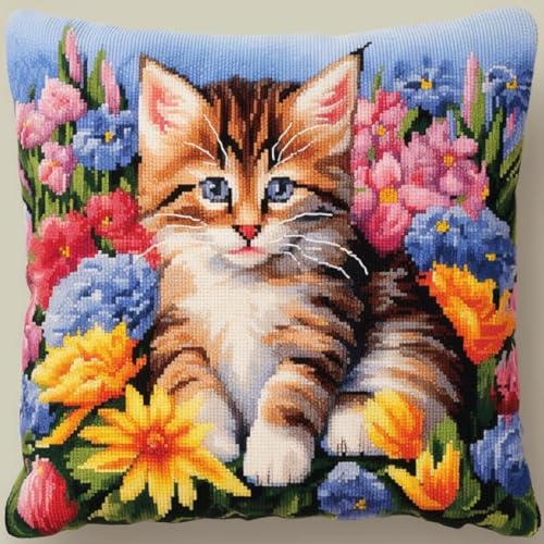 Diy Knüpfen Set Erwachsene Kissen Katzen Und Blumen Kissenbezug N?hen Herstellung Kits Tier Diy H?kelgarn Kits Stickerei Kits 17X17In B von Taxpy