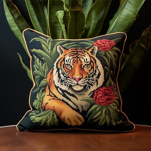 Diy Knüpfkissen Mit Vordruck Retro Tiger Tier Teppich Kissen Kissenbezug Bastelset, Verschlusshaken Kits Stickerei Für Erwachsene Und Anfänger 17x17in von Taxpy