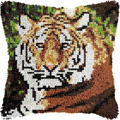 Kissenbezug DIY Knüpfkissen Set Kreuzstich Stickerei 43x43cm Selber Machen Set Latch Hook Kit für Kinder und Erwachsene zum Selber Knüpfen（Tier Tiger) von Taxpy