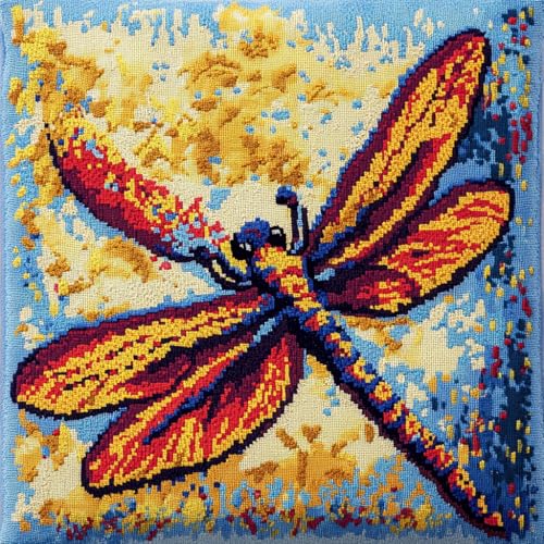 Knüpfhaken-Kissen-Kits, Bunte Libelle DIY Knüpfhaken Kissenbezug Teppich Stickerei Set, Häkelleinwand Muster Handarbeit Handwerk für Erwachsene und Anfänger, 43x43cm von Taxpy