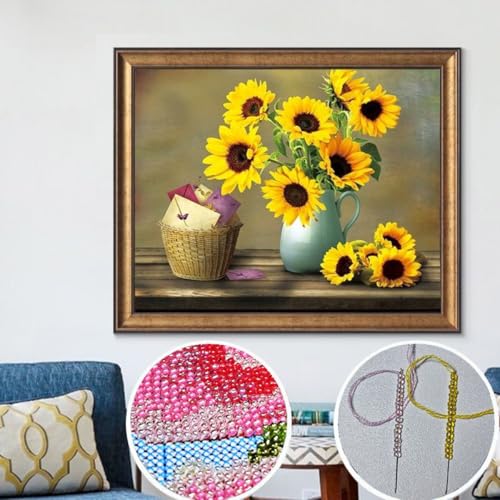 Taxpy DIY Kreuzstichset Mit Perlen Blumen In Einer Vase Perlenstickerei-Sets Sonnenblumenblüten Perlen-Kreuzstich-Sets Perlenmuster Handarbeit Stickset 50x60cm von Taxpy