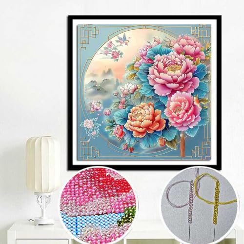 Taxpy DIY Kreuzstichset Mit Perlen Bunte Pfingstrosen Blumen Perlenstickerei Kits Fantasie Blumen DIY Perlenstickerei Kits Perlen Set Handwerk Perlen Stickerei Set Home Decor 50x50cm von Taxpy